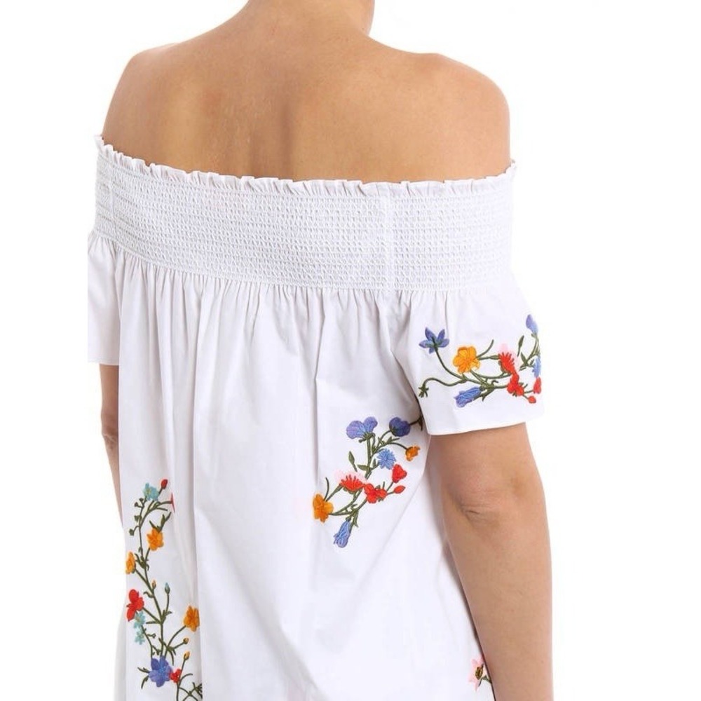 Tory Burch Eliza Off The Shoulder Embroidered Floral And Smocked White Top 6